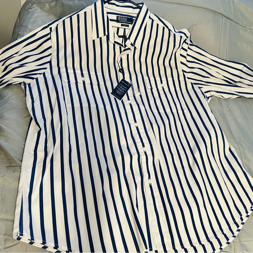 Ralph Lauren White and Blue Casual Button Down Shirt